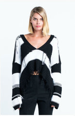 Kara Black and White Striped Fringe Ripped Sweater