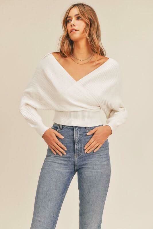 Natasha White Ribbed Surplice Cropped Sweater