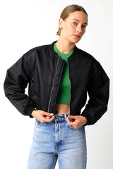Be Back Black Satin Cropped Bomber Jacket