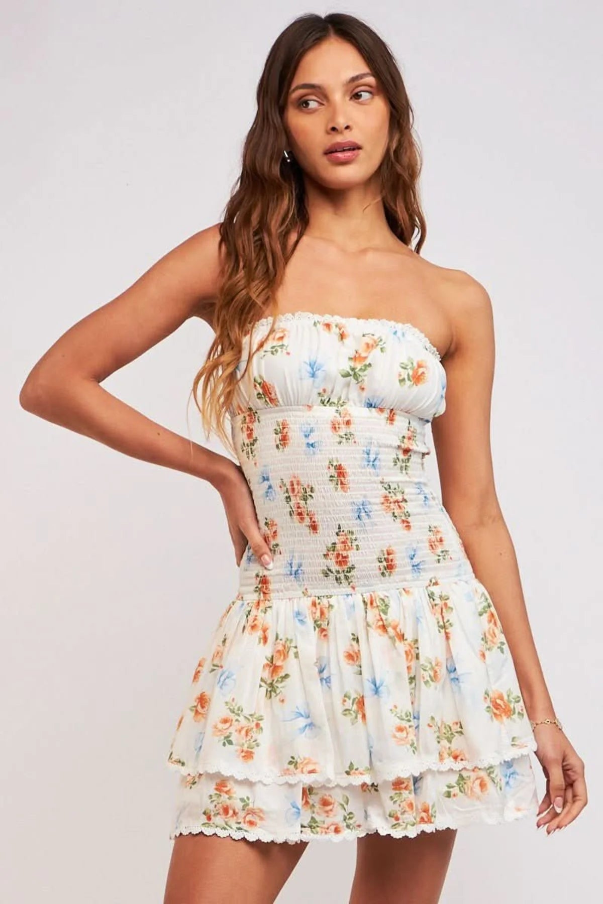 Lyla White Floral Strapless Drop Waist Mini