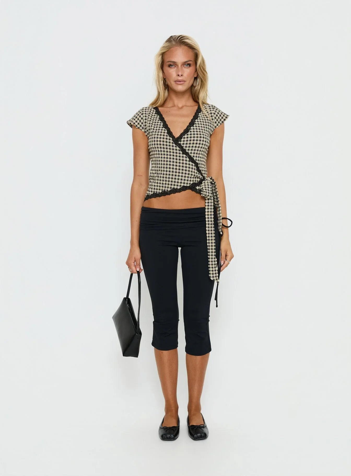 Meltwater Lace Trim Wrap Detail Top Black Check