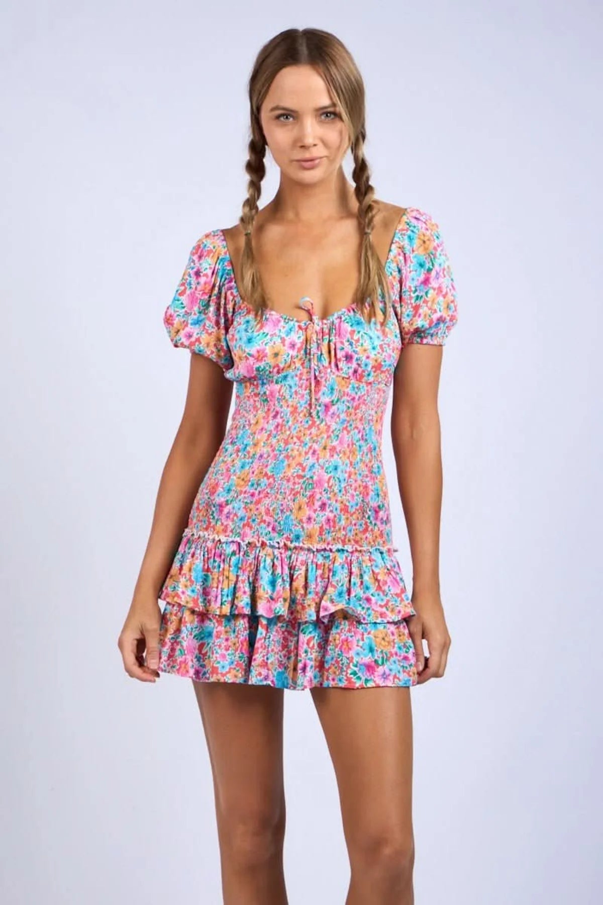 Mimi Aqua Pink Floral Puff Sleeve Mini Dress