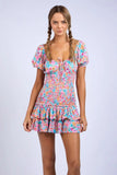 Mimi Aqua Pink Floral Puff Sleeve Mini Dress