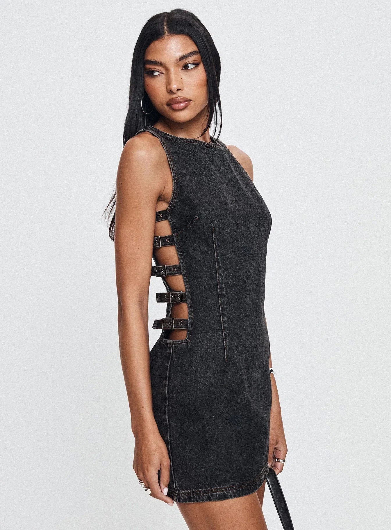 Chatter Buckle Side Denim Mini Dress Charcoal