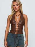 Light On Tie Up Faux Leather Top Chocolate