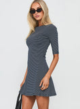 Evyna Boat Neck 3 4 Sleeve Mini Dress Navy Stripe