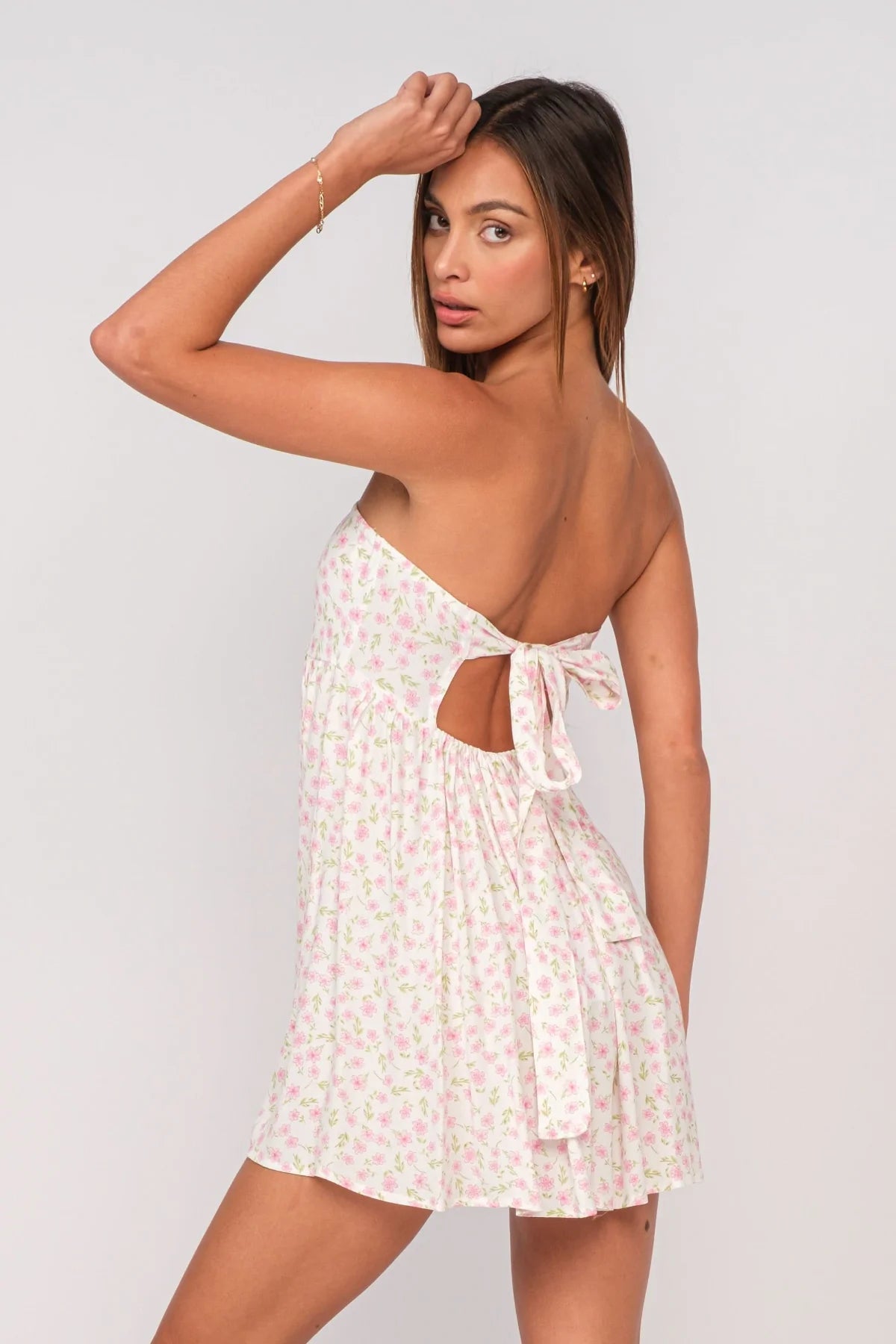 Lena White and Pink Floral Print Strapless Mini Dress