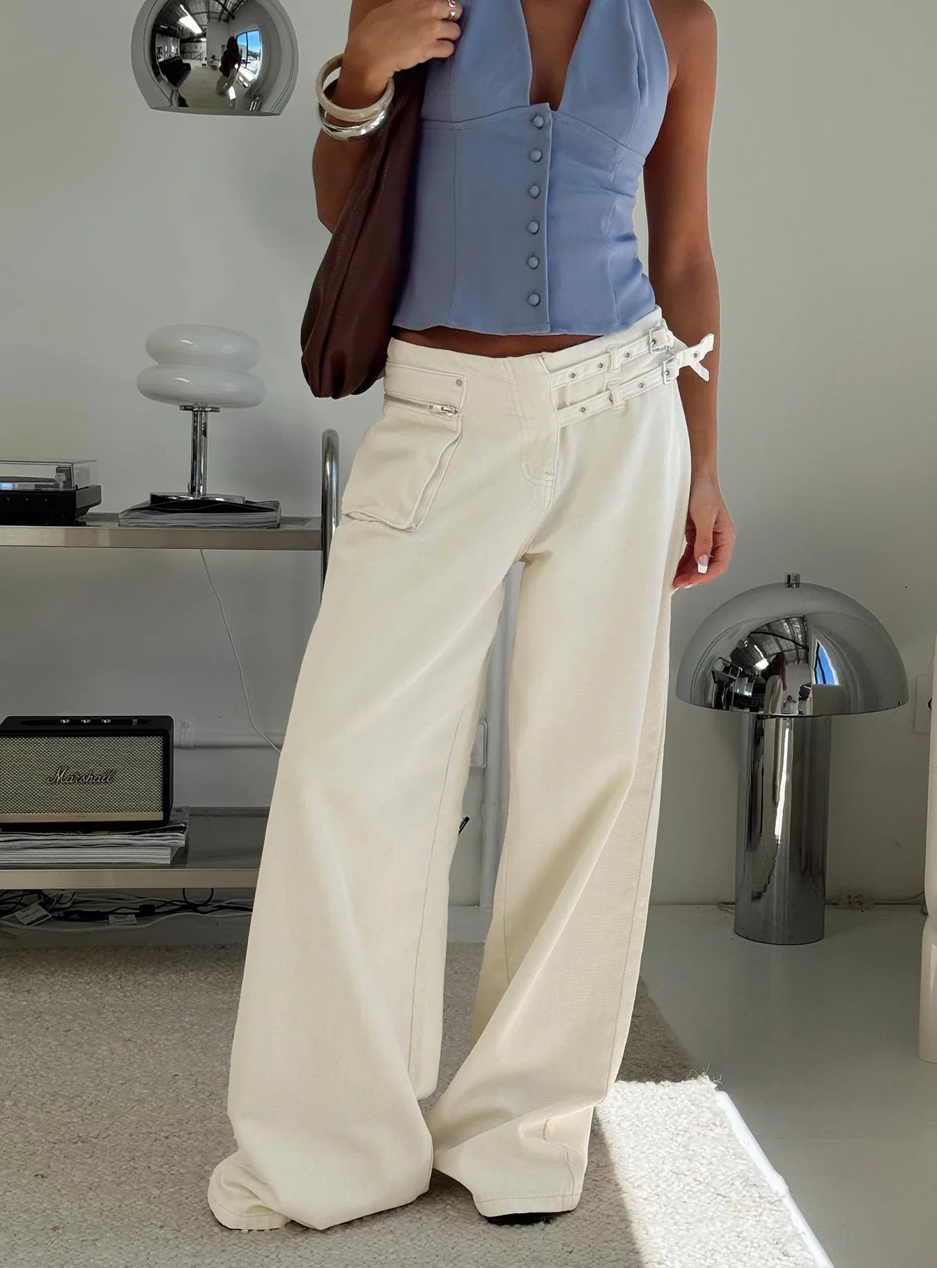 Paltrow Mid Rise Wide Leg Cargo Jeans Cream Petite