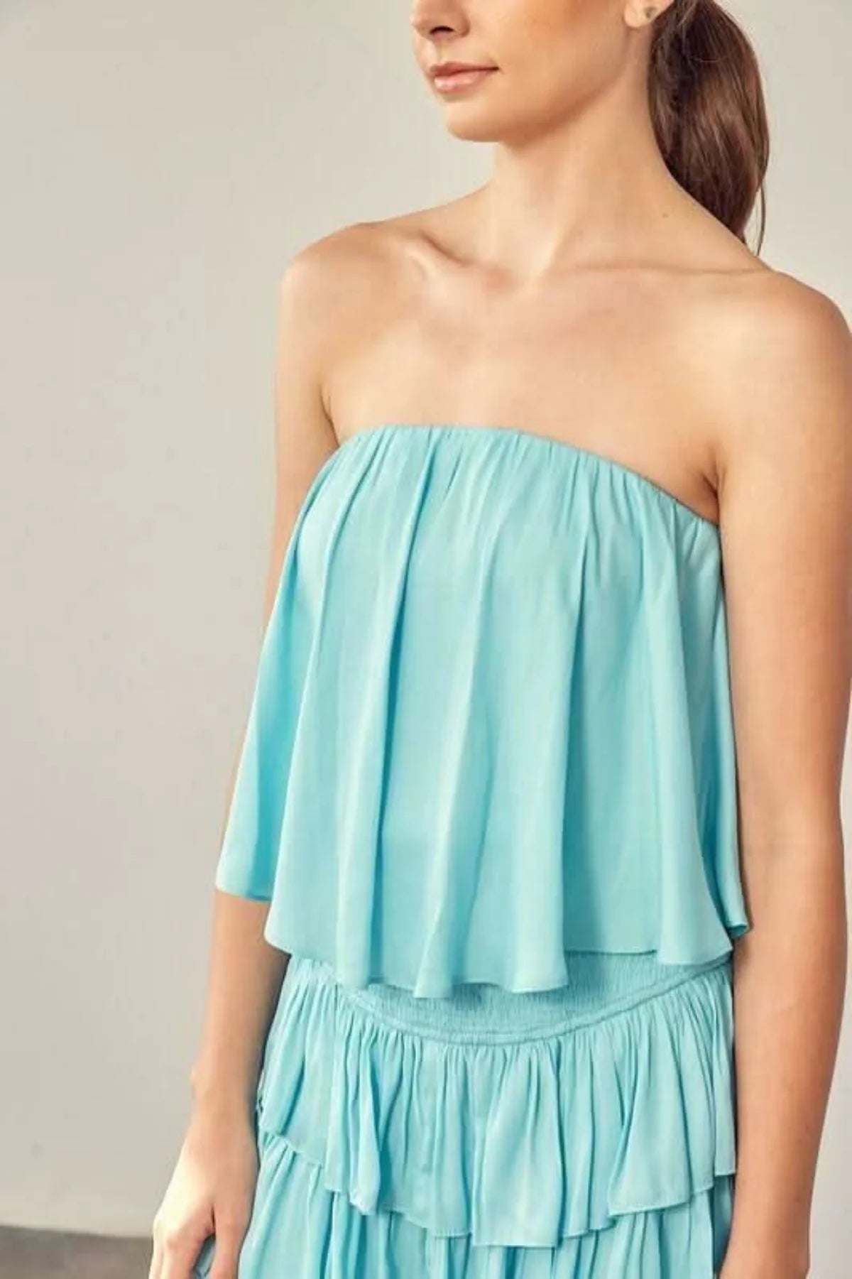Monaco Milky Blue Strapless Ruffle Romper