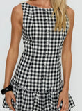 Kolbie Boat Neck Frill Mini Dress Black White Check