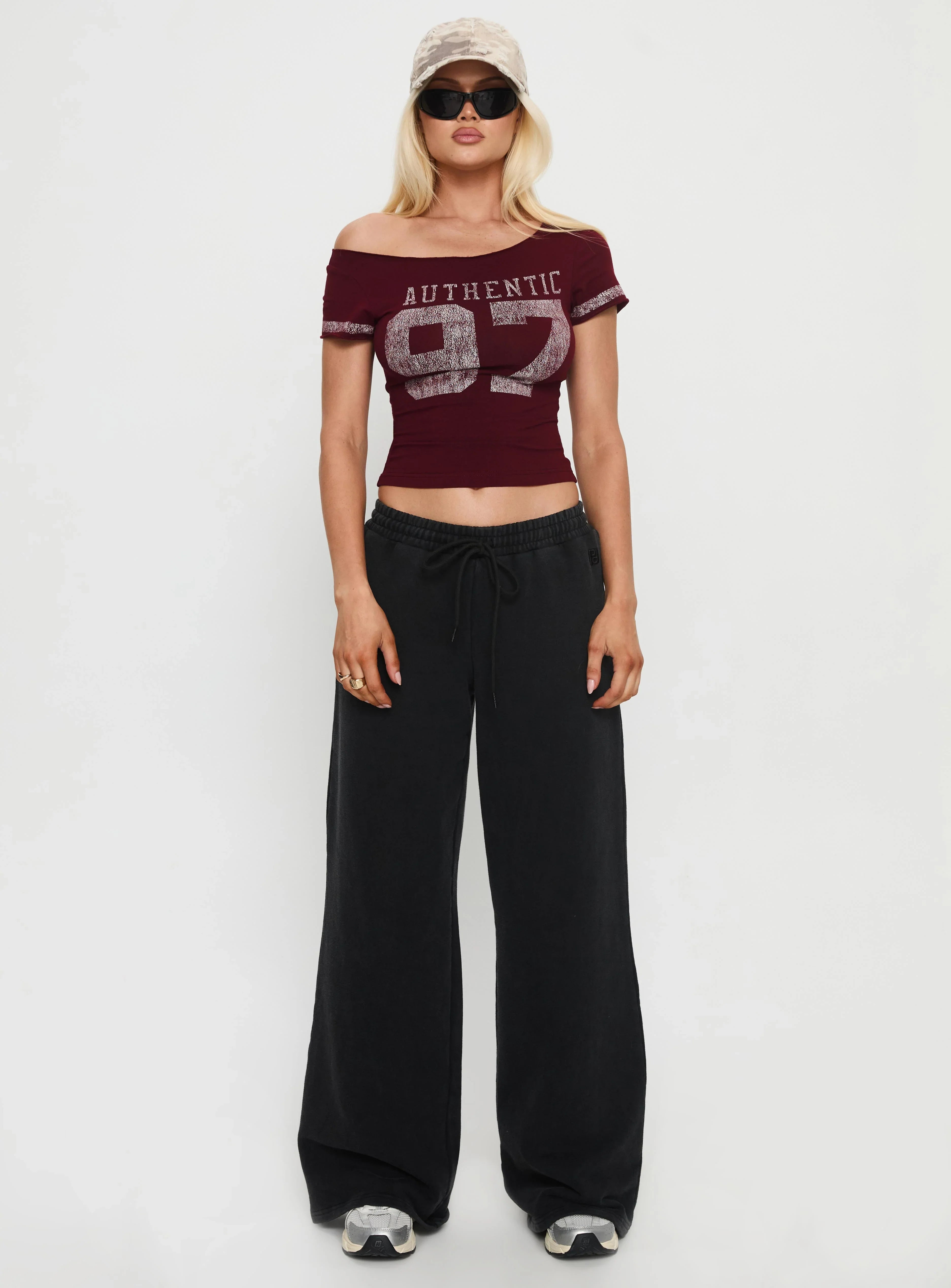 97 Authentic Off Shoulder Graphic Top Maroon