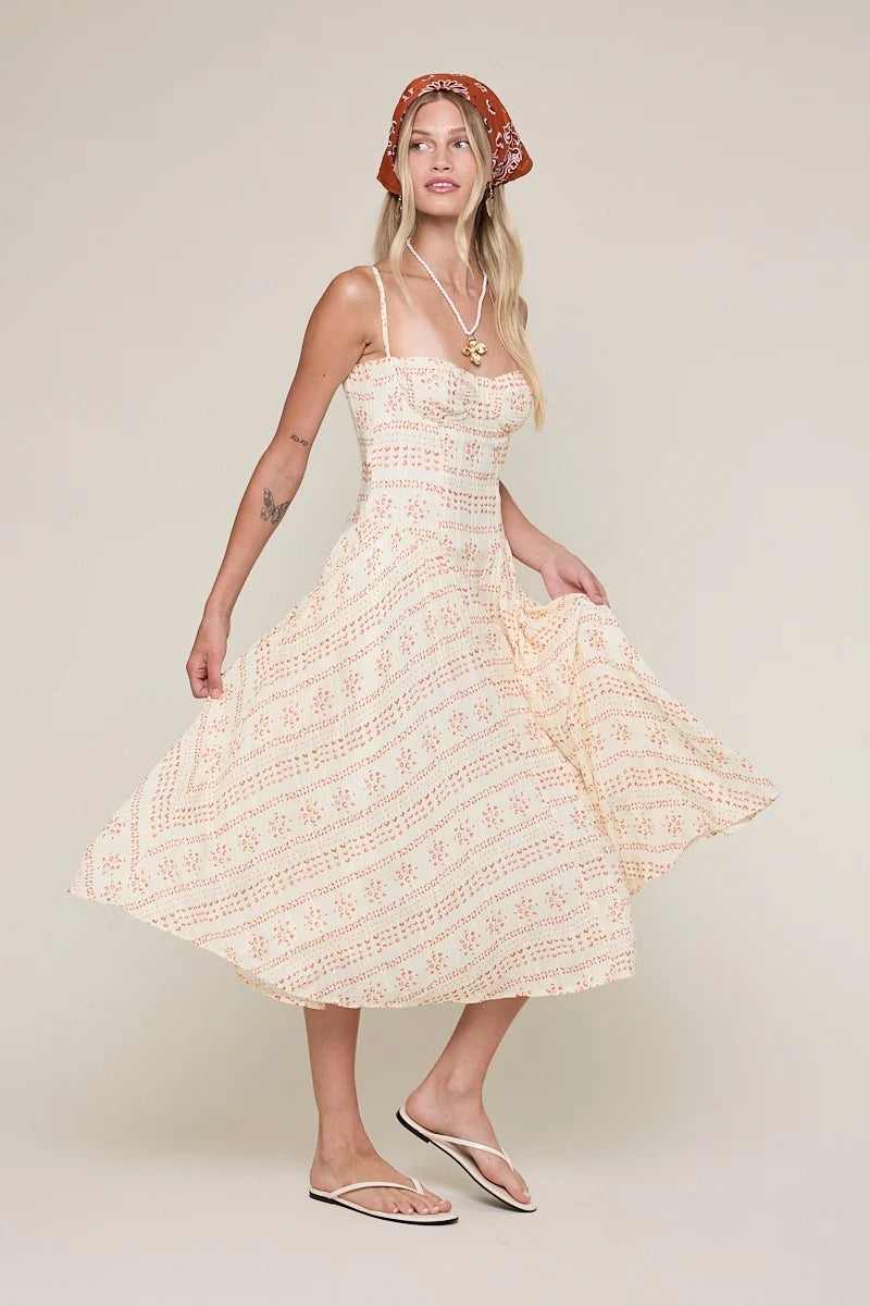 Phia Orange Boho Print Corset Midi Dress