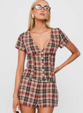 Odera Button Up Blouse Top Red Check