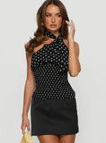 Jullie Scarf Detail Shirred Top Black Polka