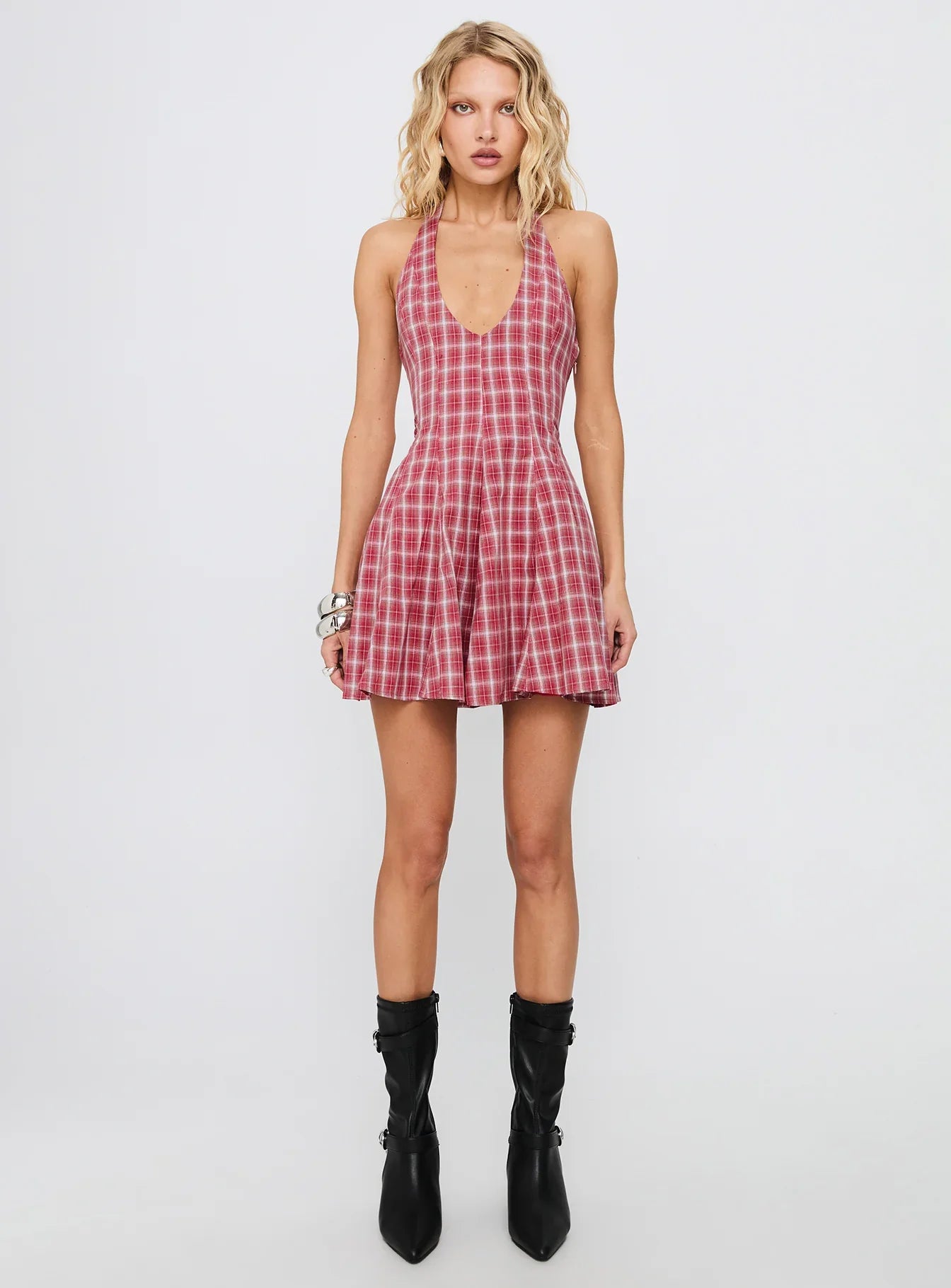 Out Of Nowhere Halter Mini Dress Red Check