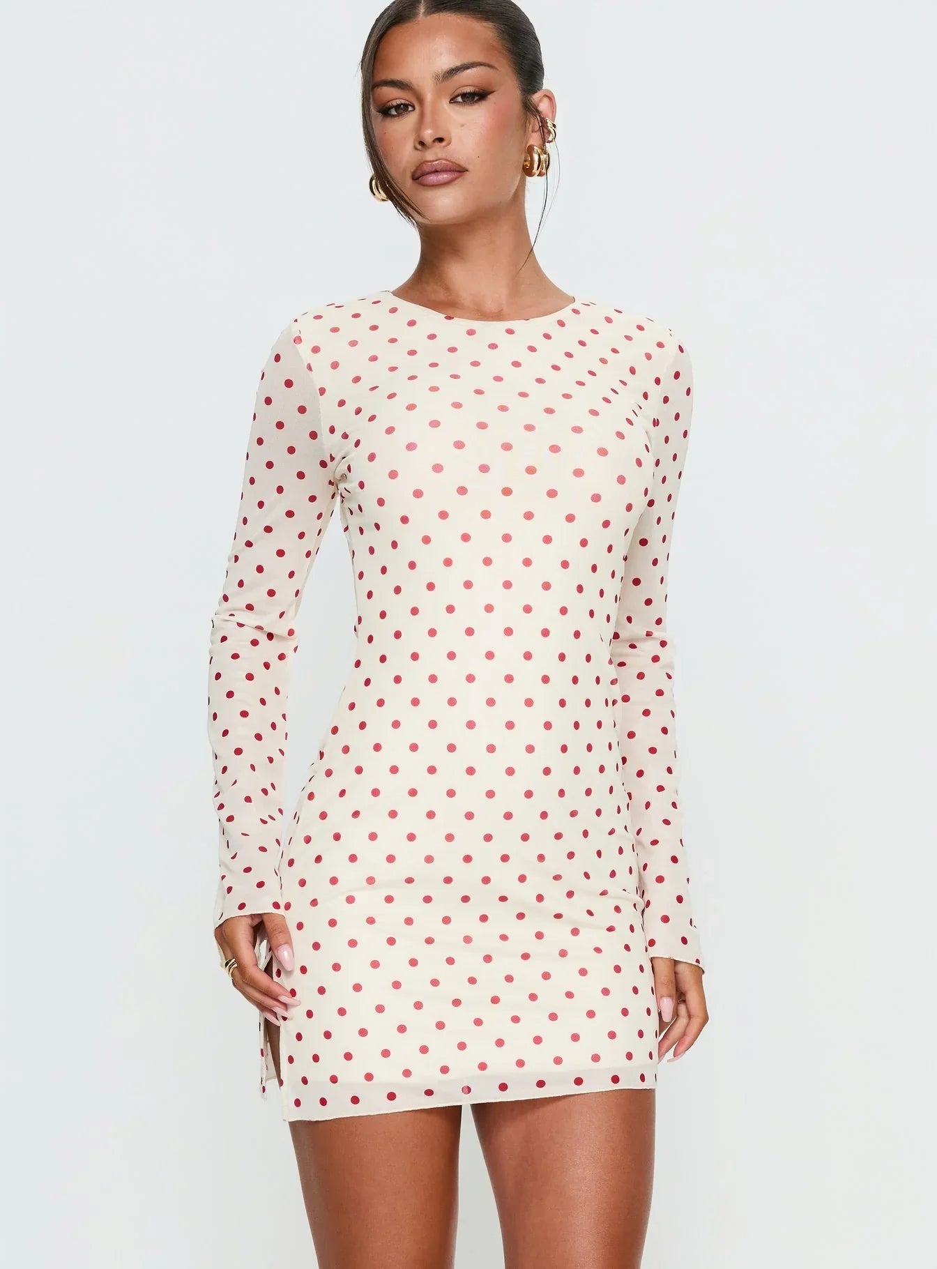 Nyxia Long Sleeve Mini Dress Cream Red Polka