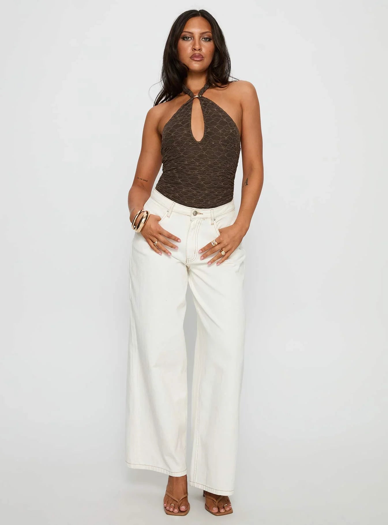 Libbey Hardware Detail Textured Bodysuit Brown