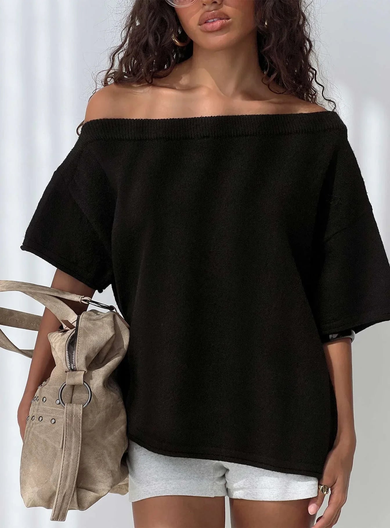 Kourta Off Shoulder Oversized Knit Top Black