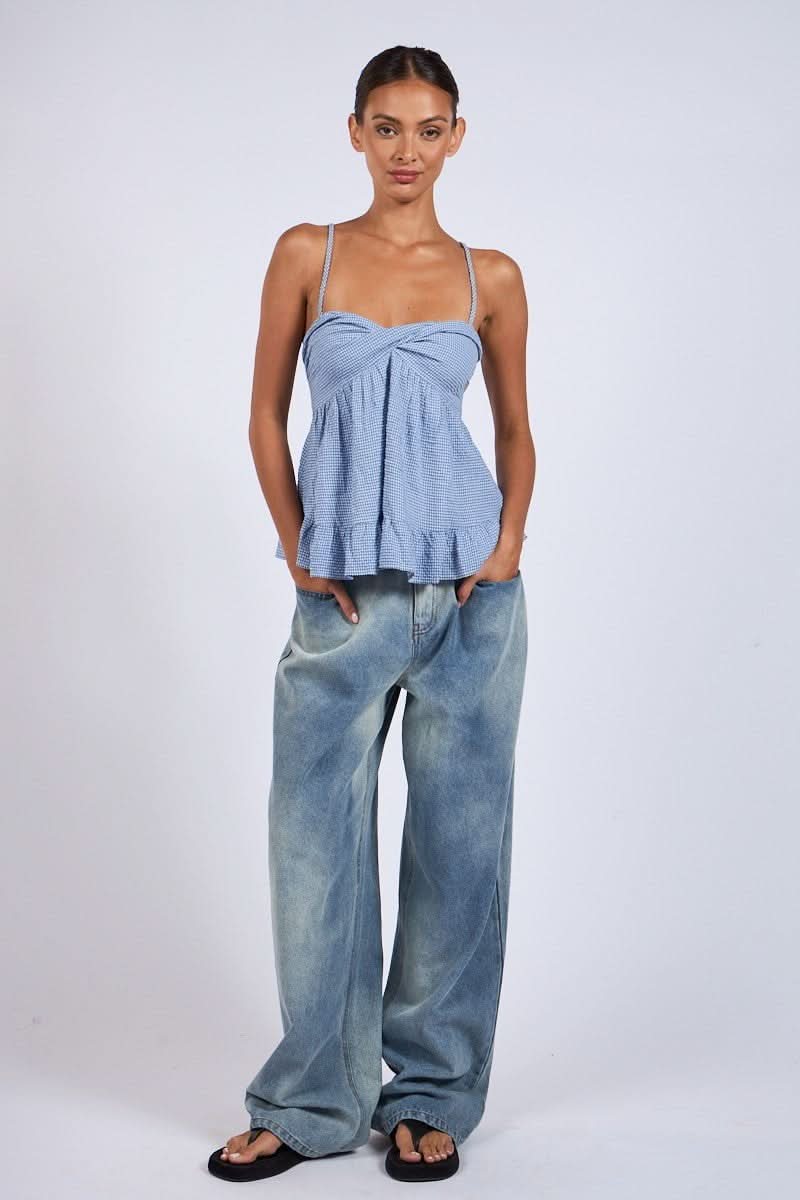 Gracie Blue Gingham Babydoll Twist Top