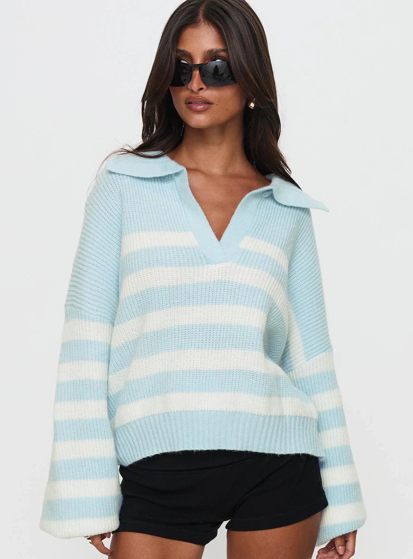 Carolena Long Sleeve Collared Knit Sweater Blue White Stripe