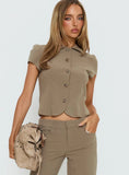 Maorah Button Up Tailored Collared Blouse Top Taupe