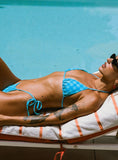 Jenner Tie Side Ruched Bikini Bottom Blue Check