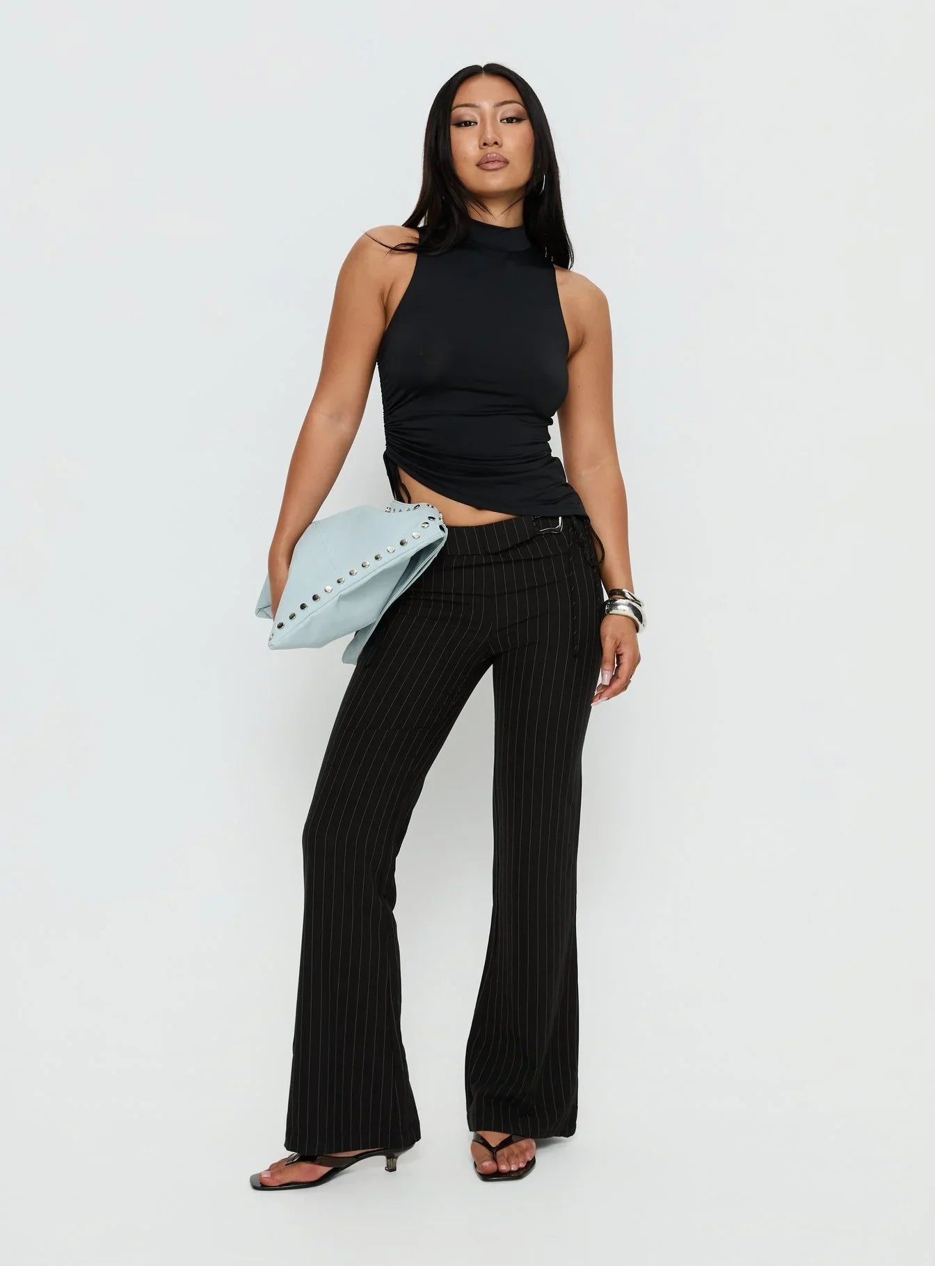 Louder Please Tie Side Straight Leg Pants Black Pinstripe