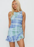 Timelapse Asymmetrical Splice Mini Dress Blue Green Plaid