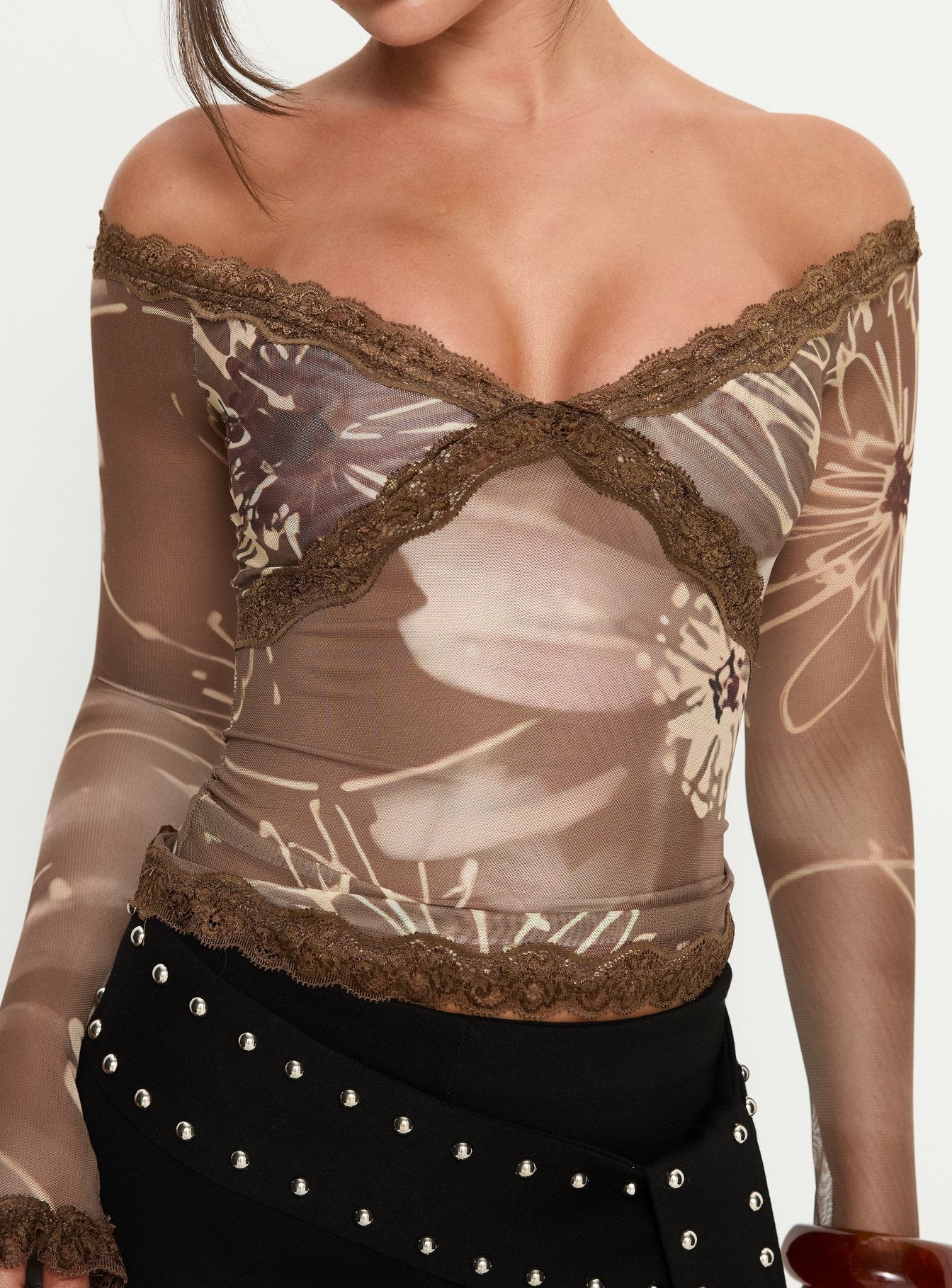 Katlyne Long Sleeve Lace Trim Top Brown Floral