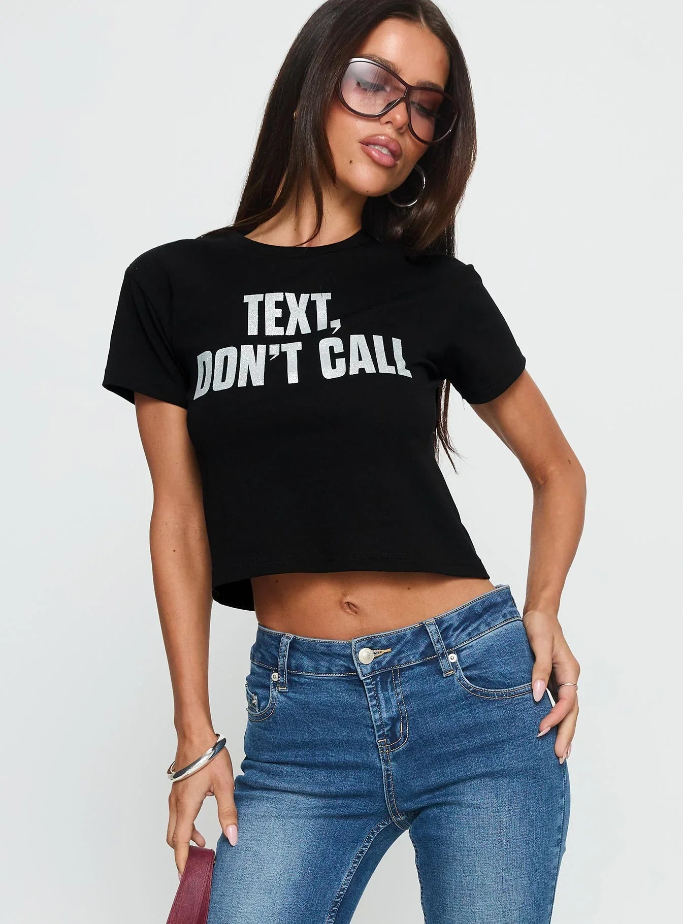 Text Dont Call Shimmer Graphic Top Black