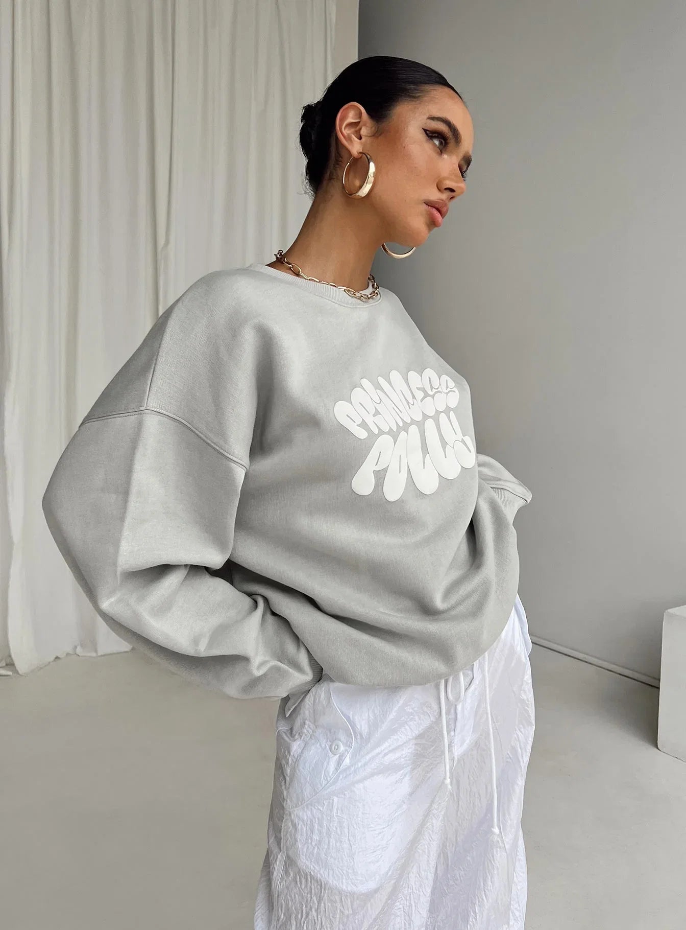 Princess Polly Crew Neck Sweatshirt Bubble Text Grey Cloud White