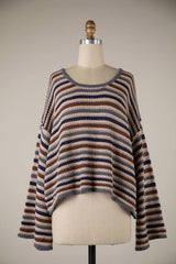 Angie Taupe Multi Striped Crochet Sweater