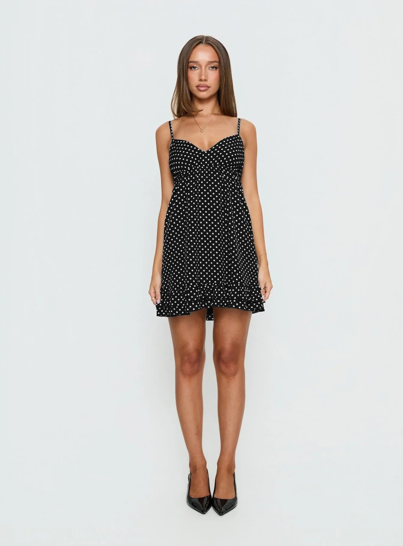Casee V Neck Frill Mini Dress Black Polka Dot