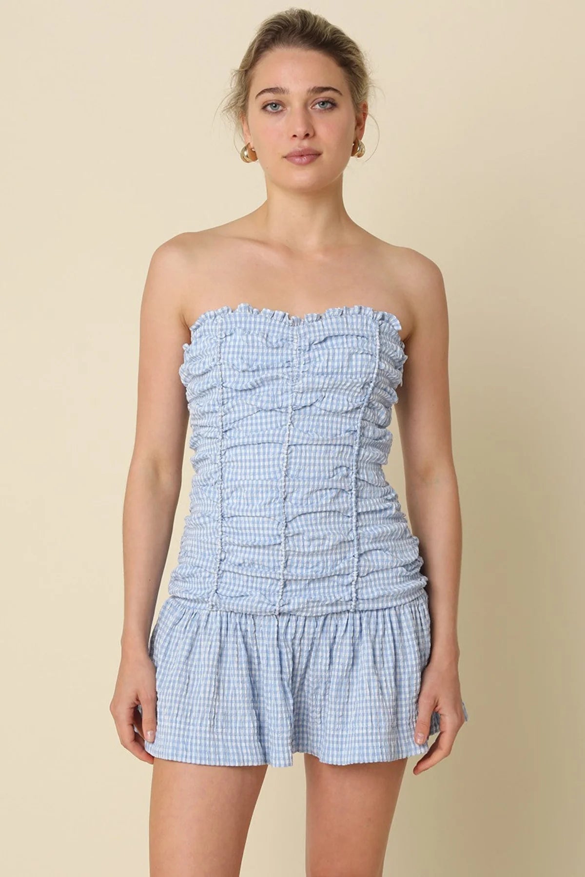 Taryn Blue Gingham Strapless Mini Dress