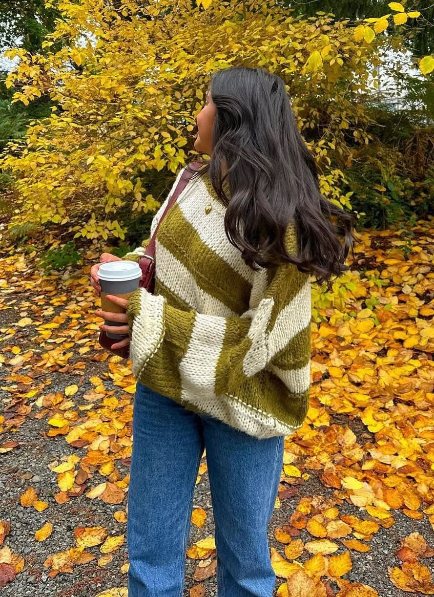 Poppy Olive and Cream Striped Oversized Sweater