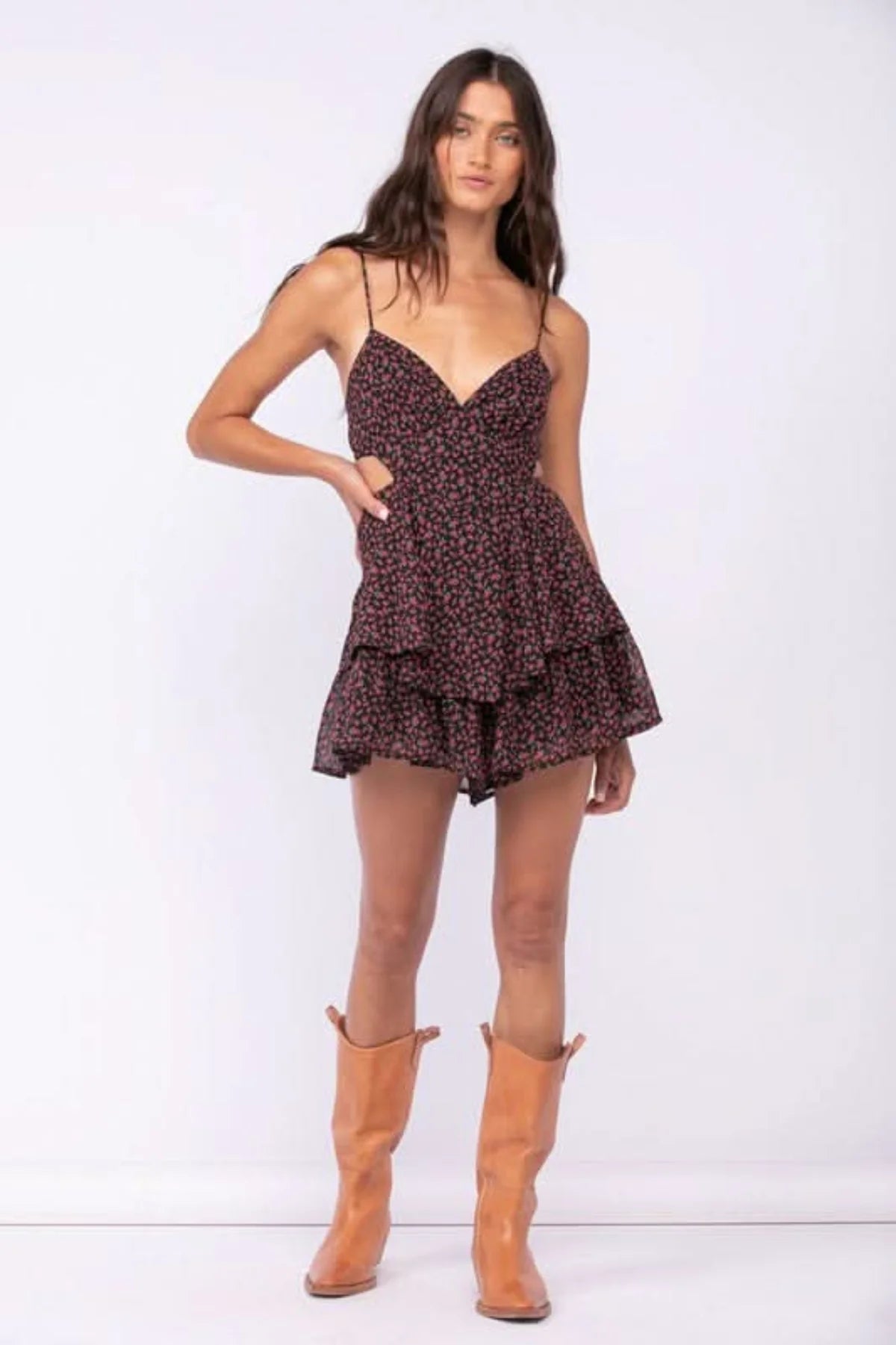 Aristea Black Floral Cutout Romper Dress