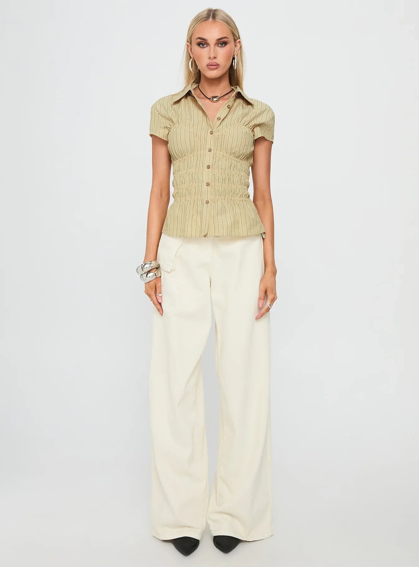 Liesel Shirred Short Sleeve Top Butter Stripe
