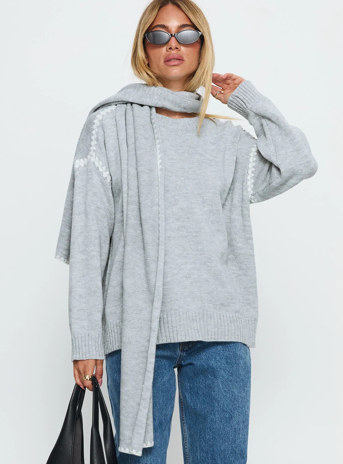 Keriana Contrast Stitch Knit Sweater Grey White