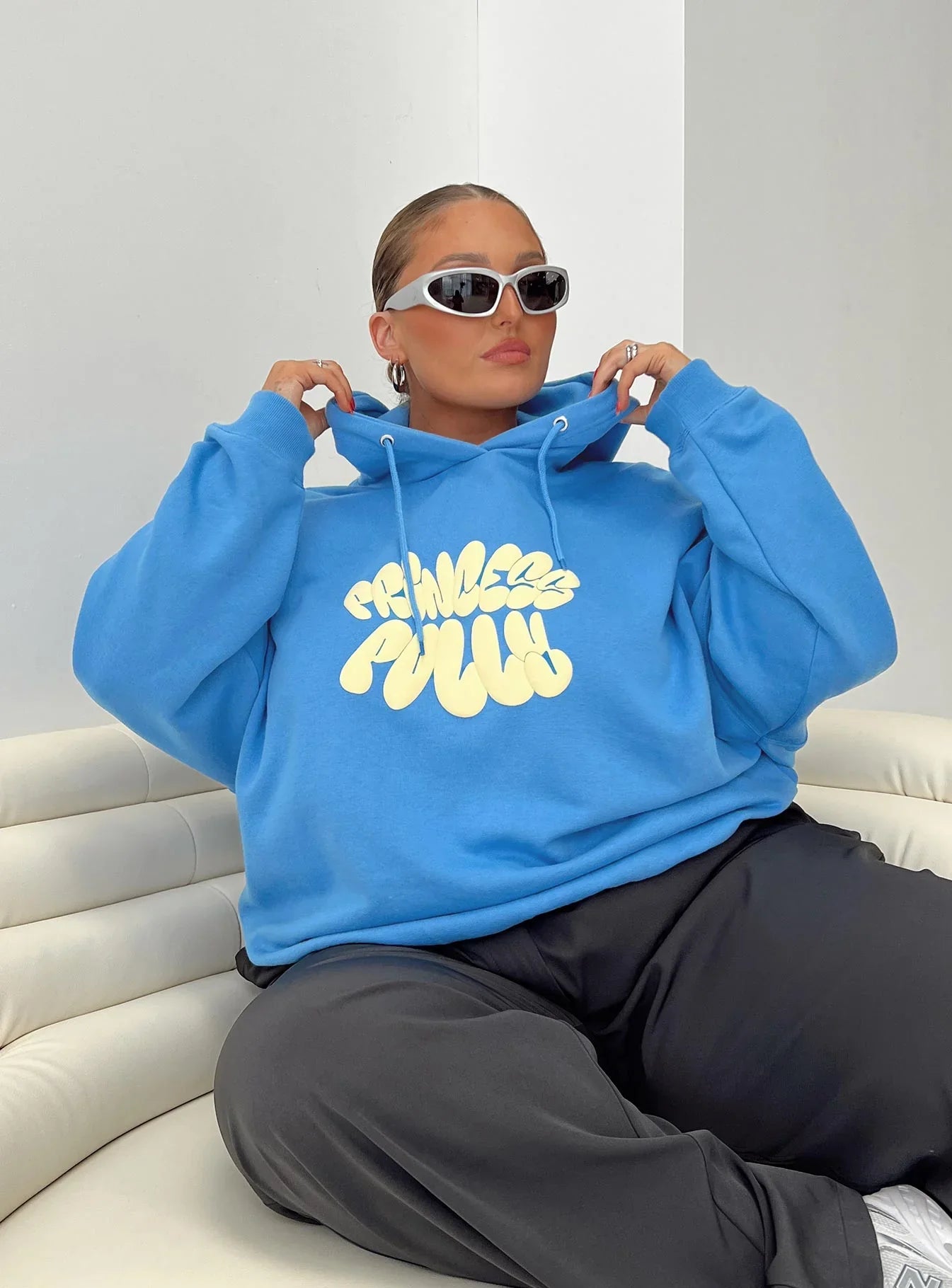 Princess Polly Hooded Sweatshirt Bubble Text Blue Yellow Curve