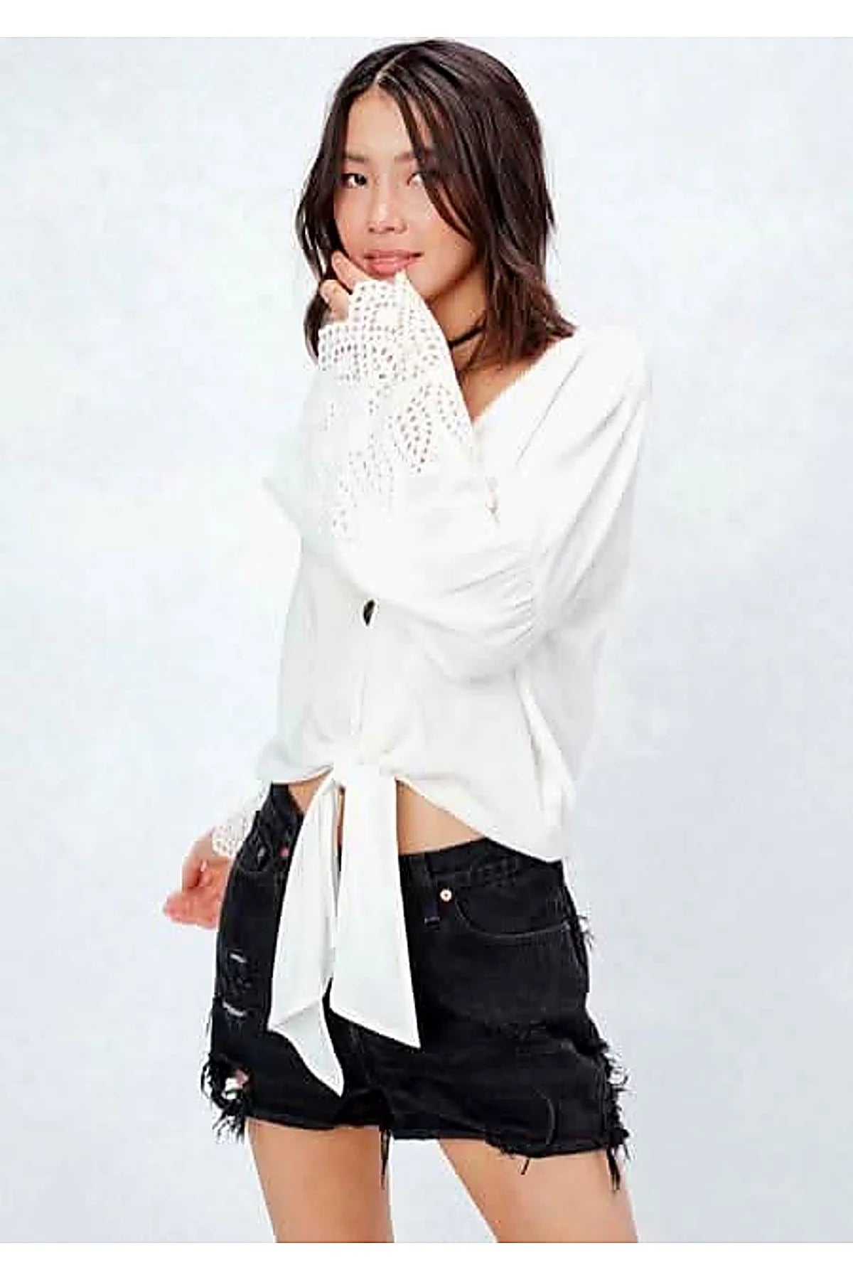 My Reflection White Eyelet Front Tie Top