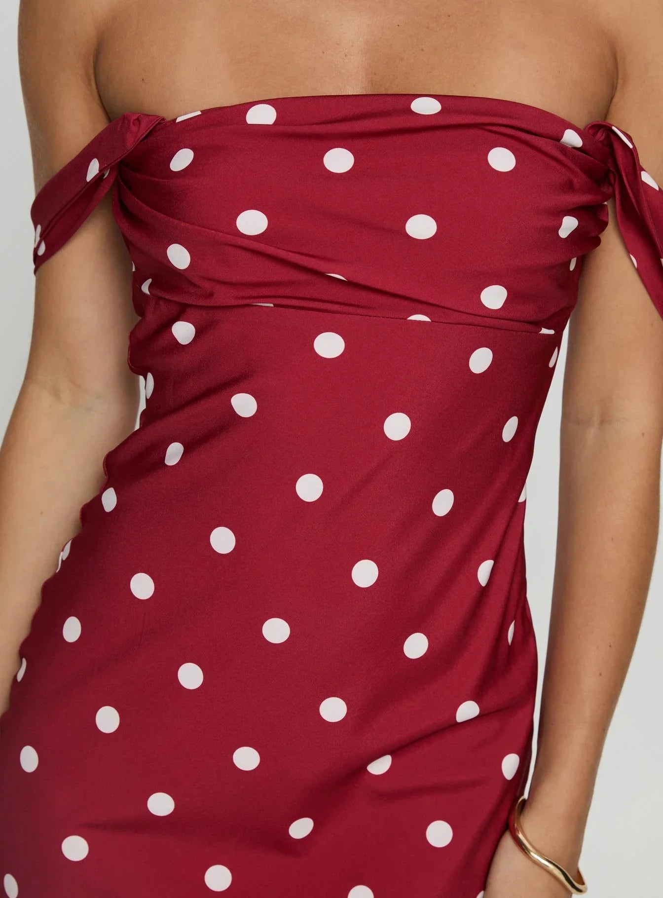 End Credits Off Shoulder Pleat Maxi Dress Red Polka Dot