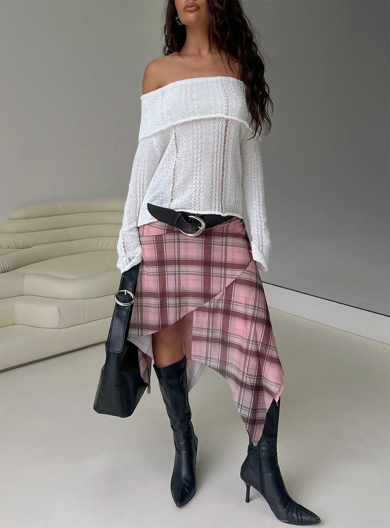 Anali Asymmetrical Midi Skirt Pink Multi Check