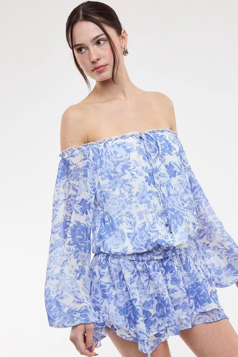 Pixie Blue Floral Off The Shoulder Romper Dress