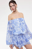Pixie Blue Floral Off The Shoulder Romper Dress