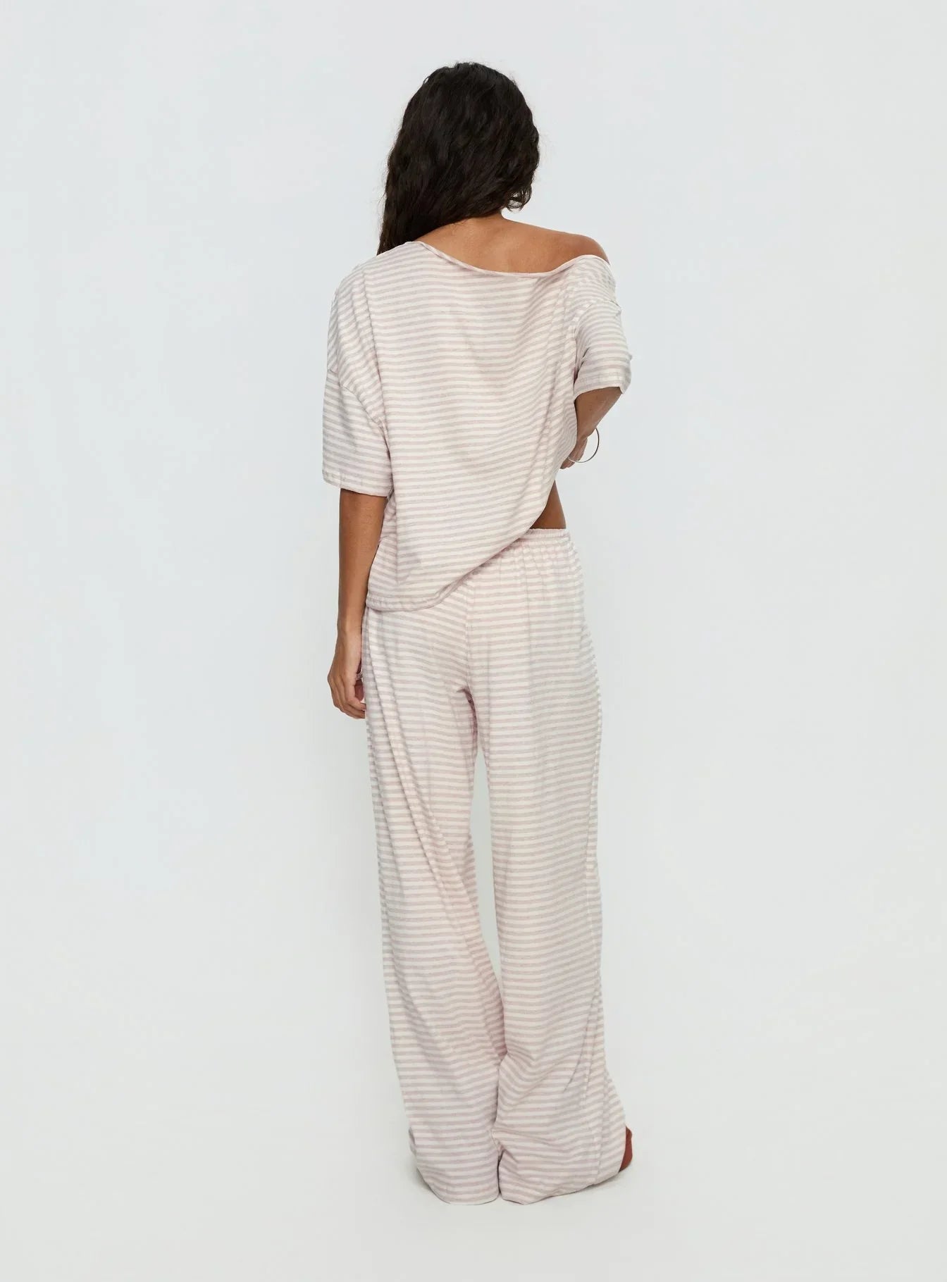Tobie Off Shoulder Sleep Set Beige Stripe