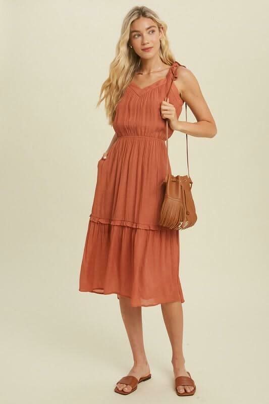 Why Wait Brick Tie Strap Midi Dress