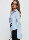 Busy Girl Long Sleeve Collared Top Blue Stripe