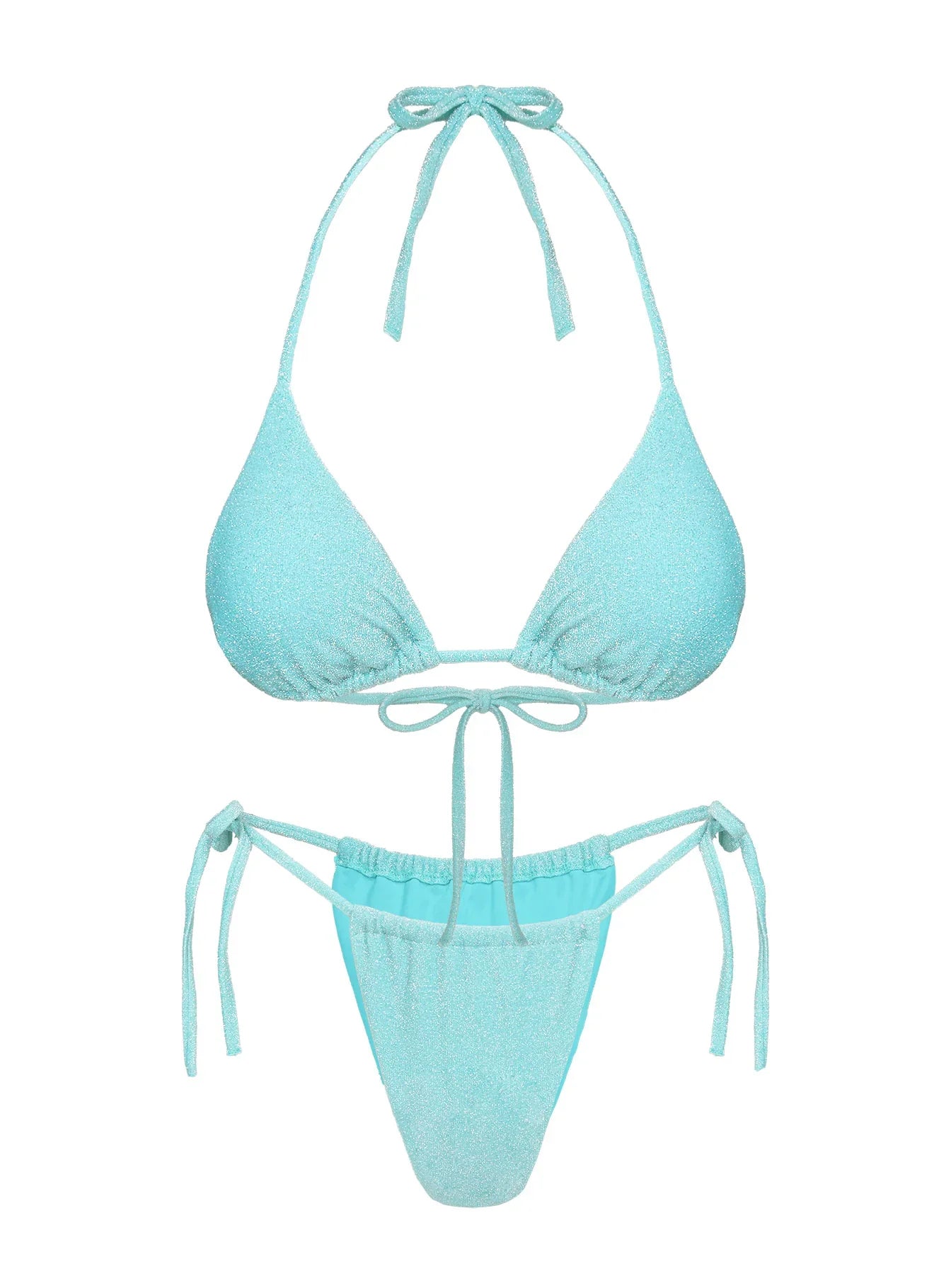 Jenner Tie Side Ruched Bikini Bottoms Aqua Glitter