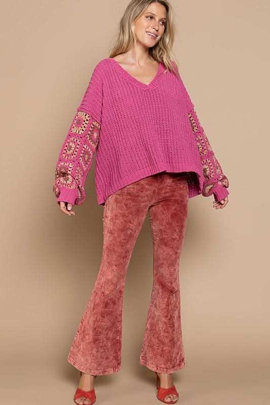 Marsha Pink Crochet Sleeve Sweater