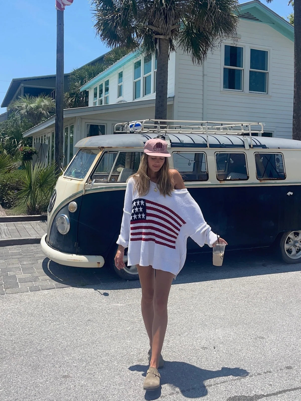 Land of Free White Oversized American Flag Sweater